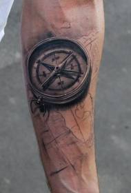 цудоўны чорна-белы рэалістычны компас з малюнкам татуіроўкі на карце