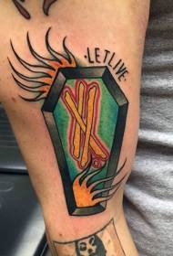 modello di tatuaggio del braccio dipinto lettere di bara e fiamma