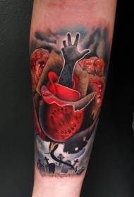 brazo inusual combinación rosa con mano cementerio tatuaje