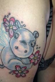 mielas animacinių filmų mėlynas hippo ir rausvos gėlės rankos tatuiruotės modelis