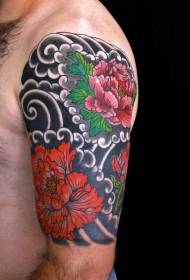 veliki šareni cvjetić božura i crni pozadinski uzorak tetovaža