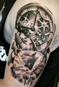 Orologio meccanicu neru è biancu assai realistu cù mudellu di tatuaggi di braccio di fiori