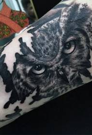 arm natural black and white owl with Maple leaf tattoo pattern