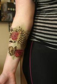arm funny color realistic skeleton with flower tattoo pattern