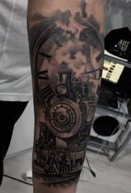 прекрасна црна пареа воз и часовник шема тетоважа