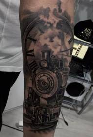 splendido tatuaggio a vapore nero e motivo a tatuaggio a braccio con orologio