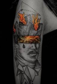 bras flammes colorées de style spécial et portrait gris noir combinés avec un motif de tatouage