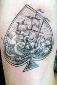 rameno námořní téma černá Broskvový obrys s tetováním chobotnice plachetnice