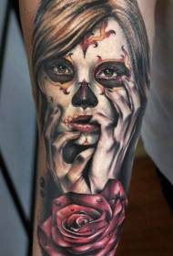 arm sad beautiful death girl and dark red rose tattoo pattern