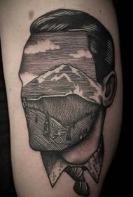 bras style inconnu peint portrait noir sans visage avec motif de tatouage de montagne