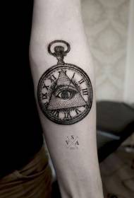 bras noir triangle yeux et motif tatouage horloge