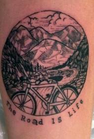 brazo de liña negra de bicicleta de montaña e patrón de tatuaxe de letras