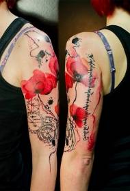 tytöt iso käsivarsi musta kirjaimet ja punaiset unikot tatuointi kuvio