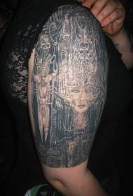 Прекрасната црна голема рака има коски и механичка девојка шема за тетоважа