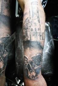 Arm nauwkeurig ontworpen zwart-wit middeleeuws kasteel met schedel tattoo-patroon