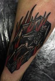 arm cartoonachtig gekleurd brandend doodskist tattoo patroon