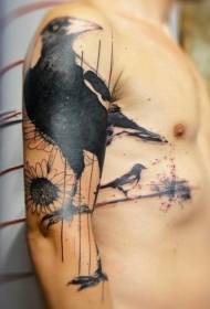 цоол црни врана и узорак тетоваже руку бијелог цвијета