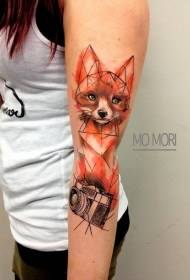 geometric style colored fox with camera arm tattoo pattern