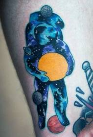 rokas, astronauts, silhouette, dēļ, spilgts, zvaigžņots, debess, un, mēness, tetovējums, pattern
