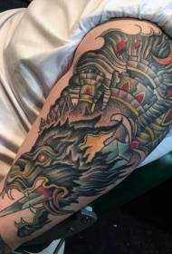 Braccio incredibile castello di cartone animato con motivo tatuaggio testa di mostro