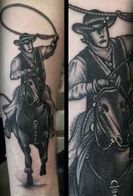 стара училишна рака црно-бел каубојски и коњски шема на тетоважа