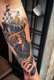 Stará škola farebný pirát portrét s tetovaním ramena lode vzor