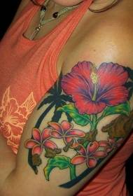 didelis kietas spalvingų egzotiškų gėlių ir palmių tatuiruotės modelis