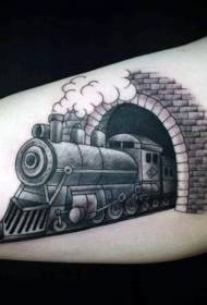Storarm tegneserie sort-hvidt tog og tunnel tatoveringsmønster