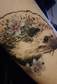 arm realistic gray hedgehog with white flower tattoo pattern