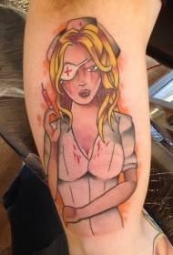 Manga stijl kleur zombie verpleegster arm tattoo patroon