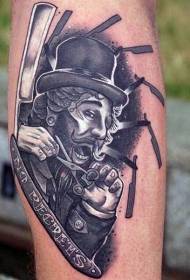 arm funny man with scissors and blade tattoo pattern