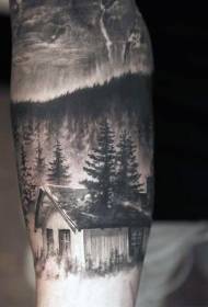 patró de tatuatge de braç de casa de camp blanc i negre molt realista