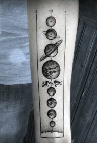 science style black and white planet tattoo pattern on the arm
