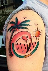 Modèle de tatouage de bras de couleur flamingo old school palmeraie et melon d'eau