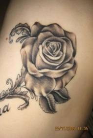 Enkel sortgrå rose og bladarm tatoveringsmønster