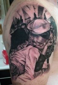 arm romantic black and white kissing sailor couple portrait tattoo pattern