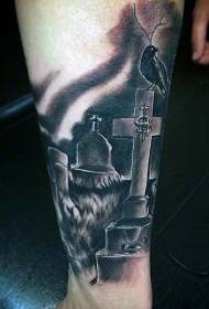 arm zwarte begraafplaats met kraai kruis tattoo patroon