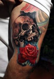geweldige kleuren realistische schedel met tattoo met rozenarm