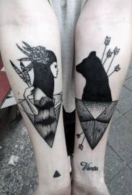 arm old school black and white Indian female with black bear tattoo pattern
