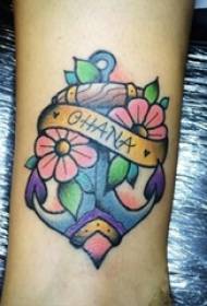 Vitello scolaretto dipinto fiori piante e immagini di tatuaggi di ancoraggio