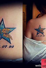 女生肩背流行经典的五角星与树叶纹身图案