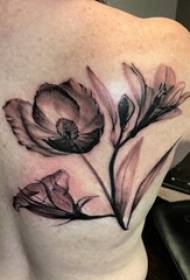 Dívčí záda na černé šedé pichlavý abstraktní linie literární rostlin květ tetování obrázek