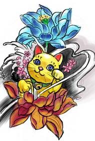 운이 좋은 고양이 연꽃 문신 패턴 사진