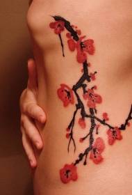 サイドリブ、和風、赤い花のタトゥーパターン