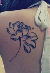 Schoolgirl back on black ink abstract line plant sleeping lotus tattoo picture