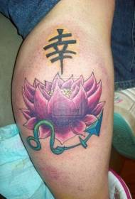 Jalkojen violetti lootus japanilaisen tekstin tatuointikuviolla