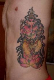 허리 측면 색상 종교 코끼리 신 연꽃 문신 사진