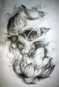 黒と灰色のスケッチ美しい蓮の頭蓋骨創造的な横暴な洗練されたタトゥー原稿