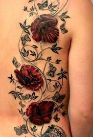 Back red poppy vine tattoo pattern