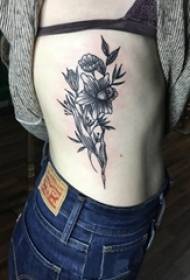 Girl side waist on black pricked simple lines plant leaves and flowers tattoo pictures